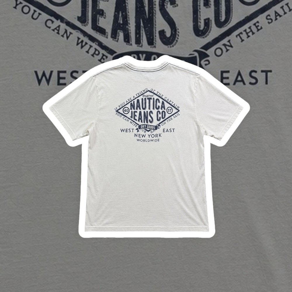 Nautica Jeans Co T Shirt Mens L White Cotton Graphic Short Sleeve Crew‎ Neck L